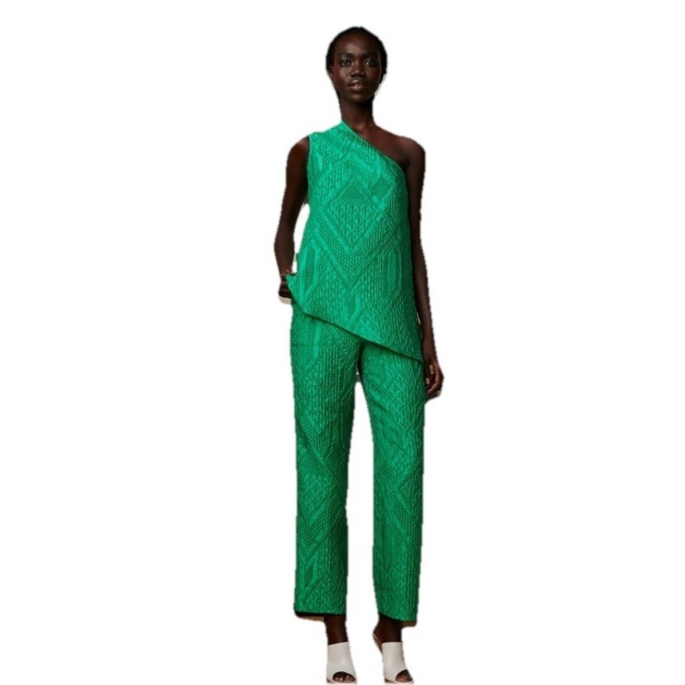 Rosie Assoulin Textured Twill Pants Women's Size 2 Green Straight Leg High Rise